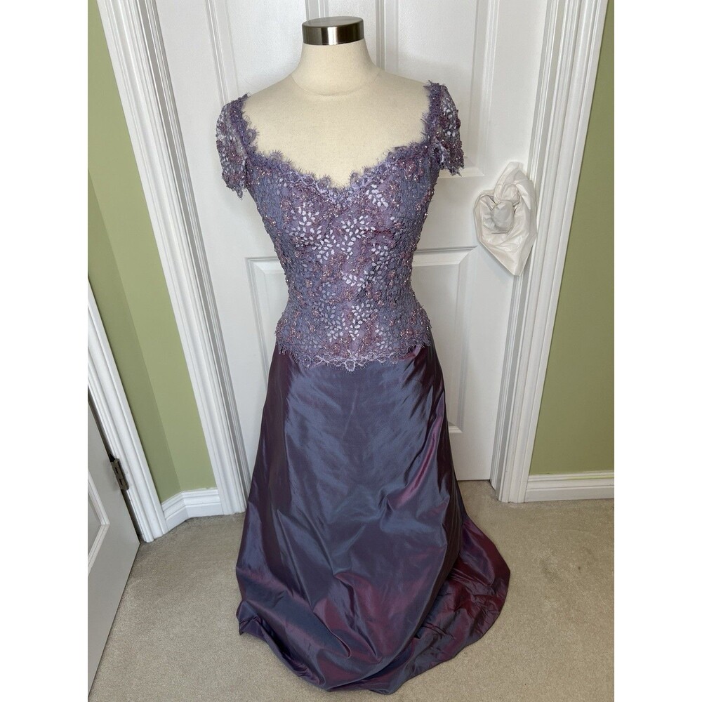 Ivonne De La Vega Silk Evening Gown Formal Dress Lace Beaded Purple  S Read